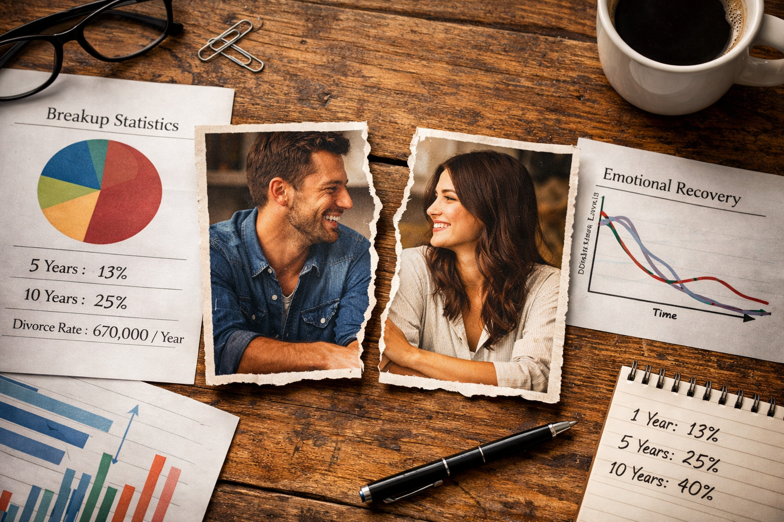 Torn photograph of a smiling couple placed on a wooden table surrounded by breakup statistics charts and notes, symbolizing the measurable patterns behind relationship endings.