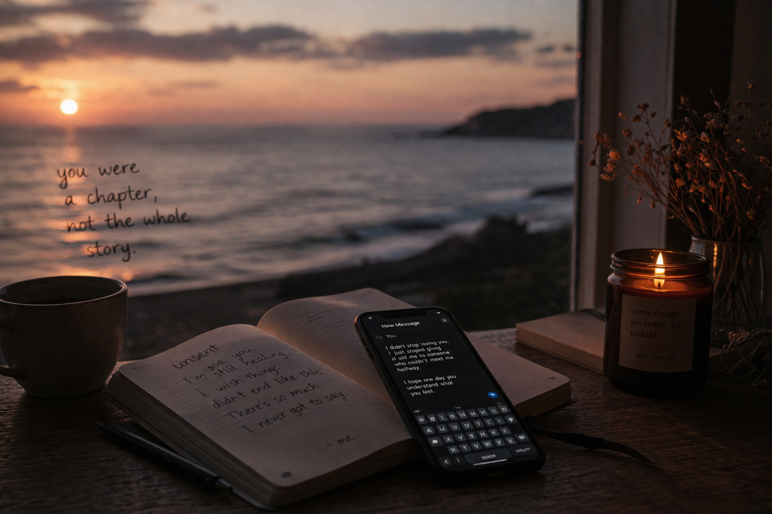 unsent breakup text at sunset