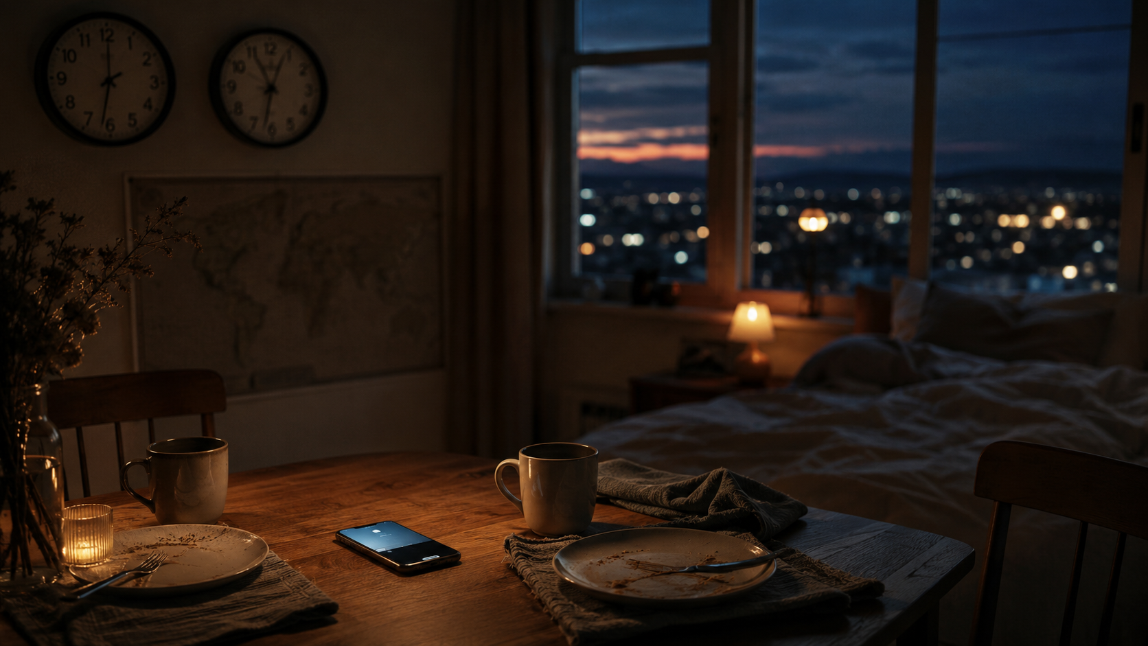 Parent embracing a child at a kitchen table in the evening, with luggage nearby, symbolizing an awkward visit in a long-distance marriage with kids.