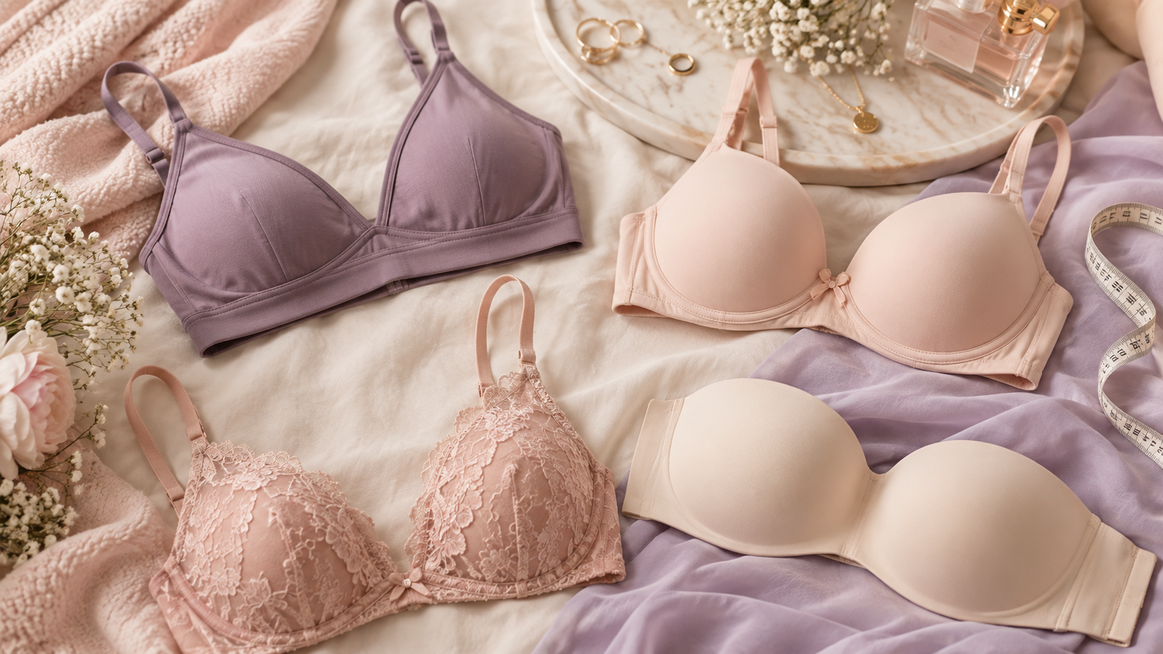 Pastel bras for small breasts arranged on soft fabric with measuring tape and feminine accessories